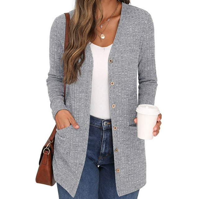 Innerwin Cardigan Sweater Long Sleeve Ladies Outwear Holiday Solid Color Soft Cardigans Gray M