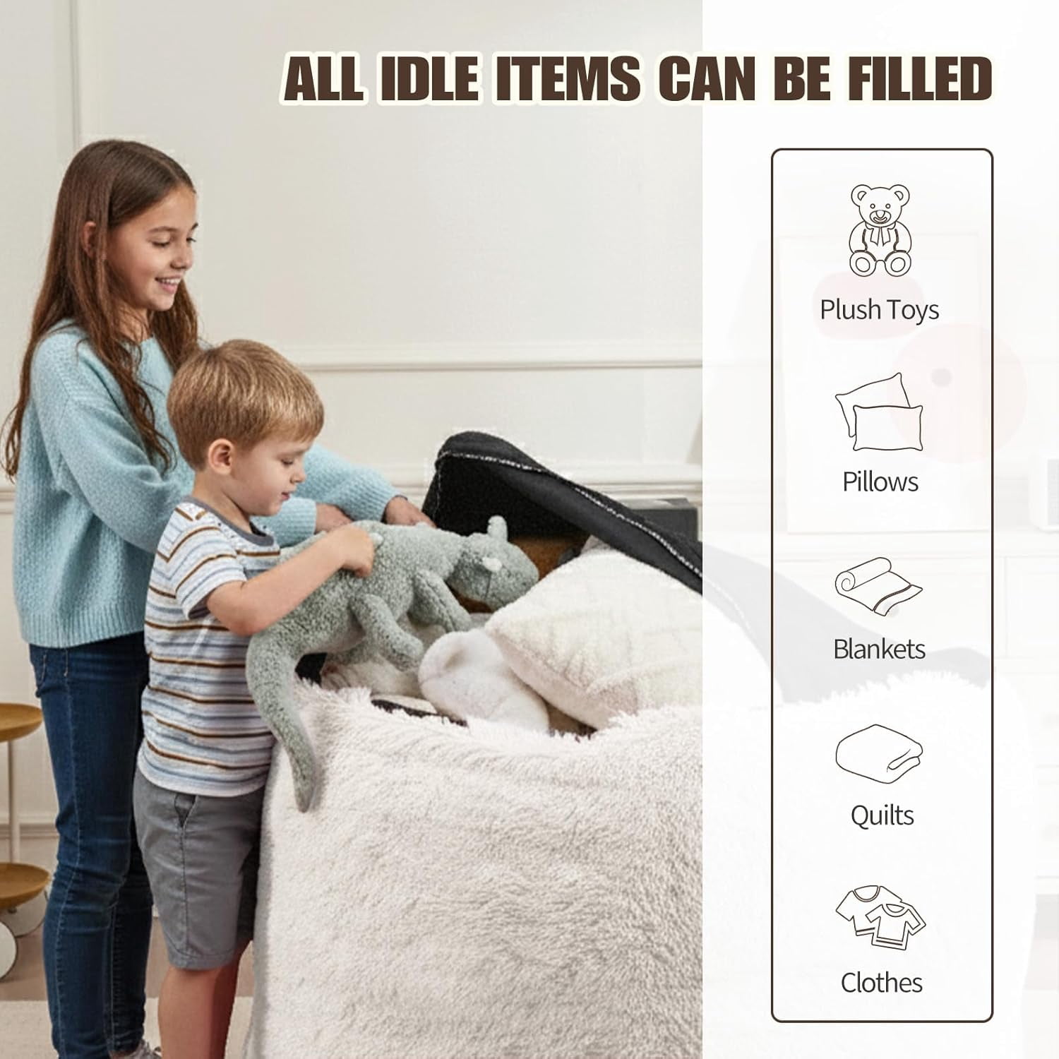 General Bean Bag Cover (No Filler), Stuffed Animal Storage Bean Bag Covers for Kids, Soft Faux Fur Washable Cover with Pocket Handle, Comfy Fluffy Beanbag for Organizing Plush Toys, 27"x21" Beige