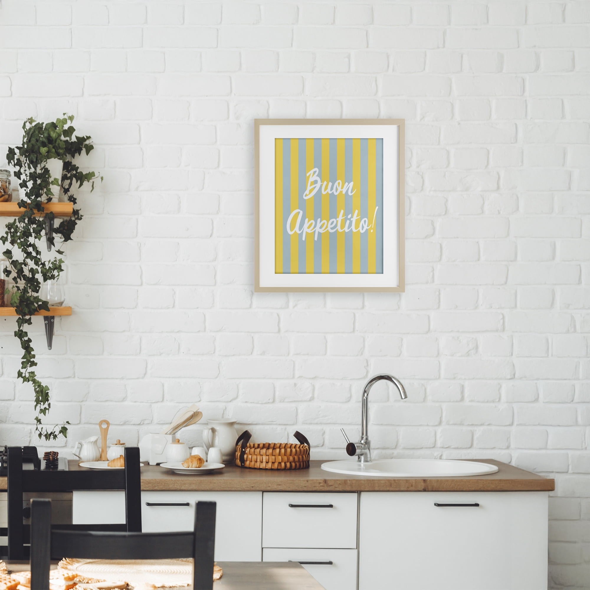 Stupell Industries Buon Appetito Blue Yellow Stripes Birch Framed Print Under Glass, design by SD Graphics Studio