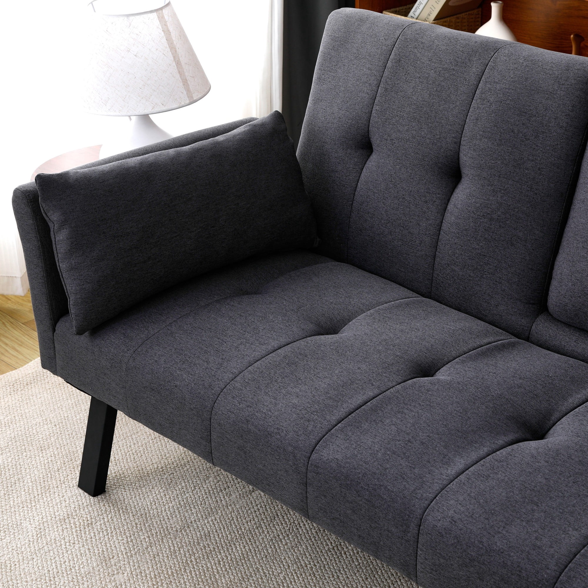 70 inch Futon Sofa Bed Cotton Linen Sofa Couch Convertible Folding Recliner with 2 Cup Holders,Side Storage for Living Room,DARK GREY
