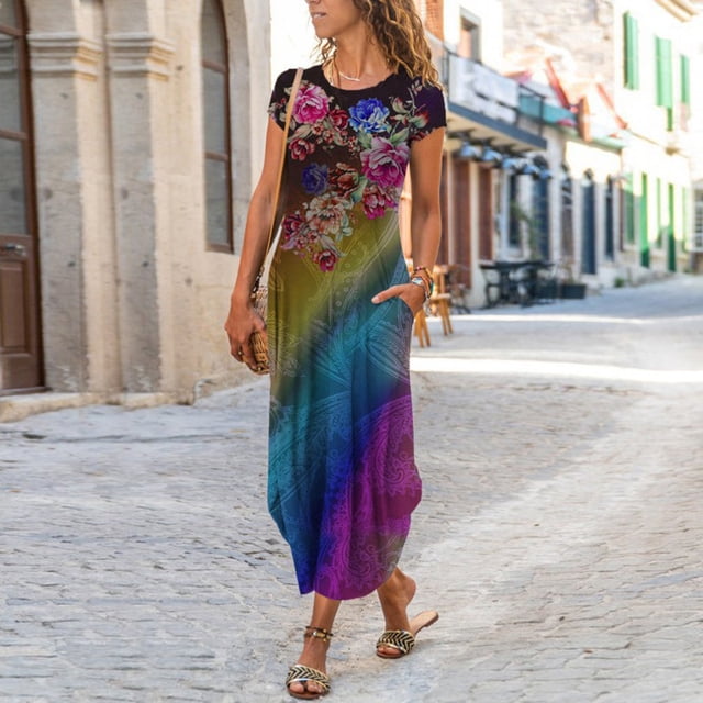 Robes Longues Bohèmes à Imprimé Floral pour Femmes Été Col Rond Manches Courtes Poches Robe Femme Vintage Décontractée Maxi Robes de Soirée