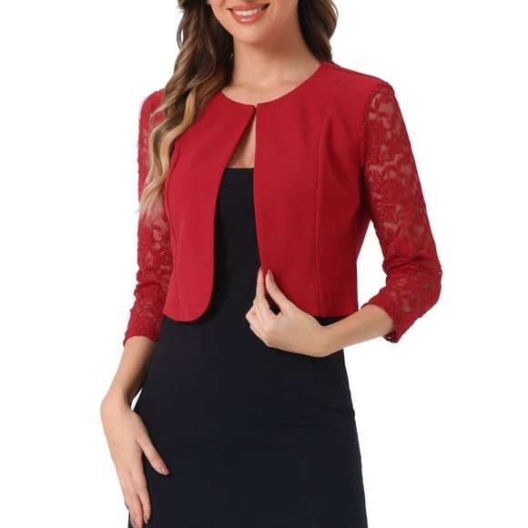 INSPIRE CHIC Valentine's Day Women's Floral Lace Shrug Top 3/4 Sleeve Open Front Work Office Cardigan Formal Bolero M Red