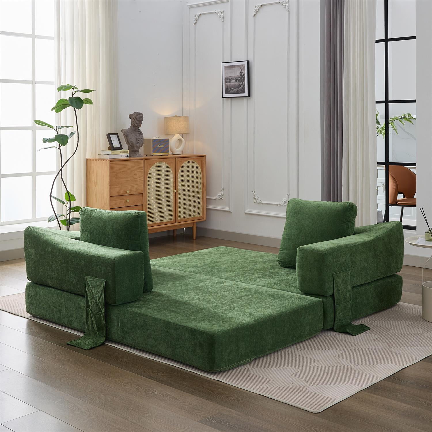 Demi Bonn 70" Modern Minimalist Convertible Sofa Bed, Fold-Out Sofa Chair, Versatile Floor Couch & Mattress for Living Room, Bedroom, Apartment, Removable Backrest, Green