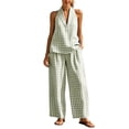thumbnail image 2 of Karymi Womens T Shirts 2 Piece Gingham Linen Blend Outfit Set, V Neck Sleeveless Loose Pullover Tank Top+Elastic High Waist Wide Leg Pants with Pockets Blouses for Women Dressy Casual, 2 of 7