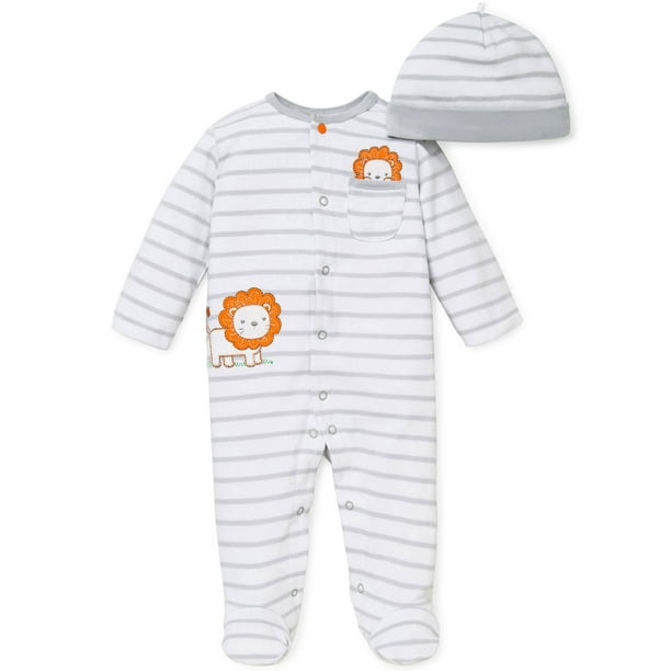 LTM Baby Little Lion Grey and White Striped Snap Front Footie Pajamas