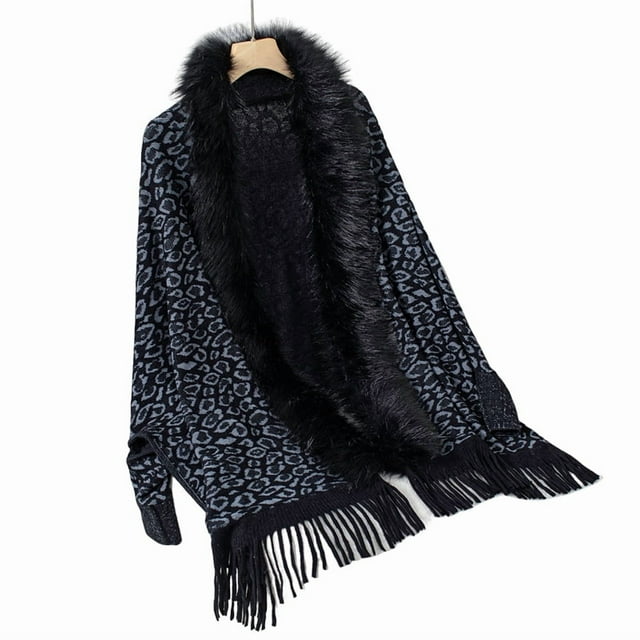 Women Leopard Print Shawl Wraps Fur Collar Knitted Poncho Oversized Warm Cardigan for Fall Winter Black One size