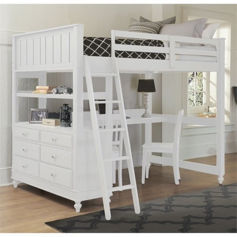 Pemberly Row Full Kids Wood Loft Bunk Bed with Desk and Dresser in White -  Walmart.com