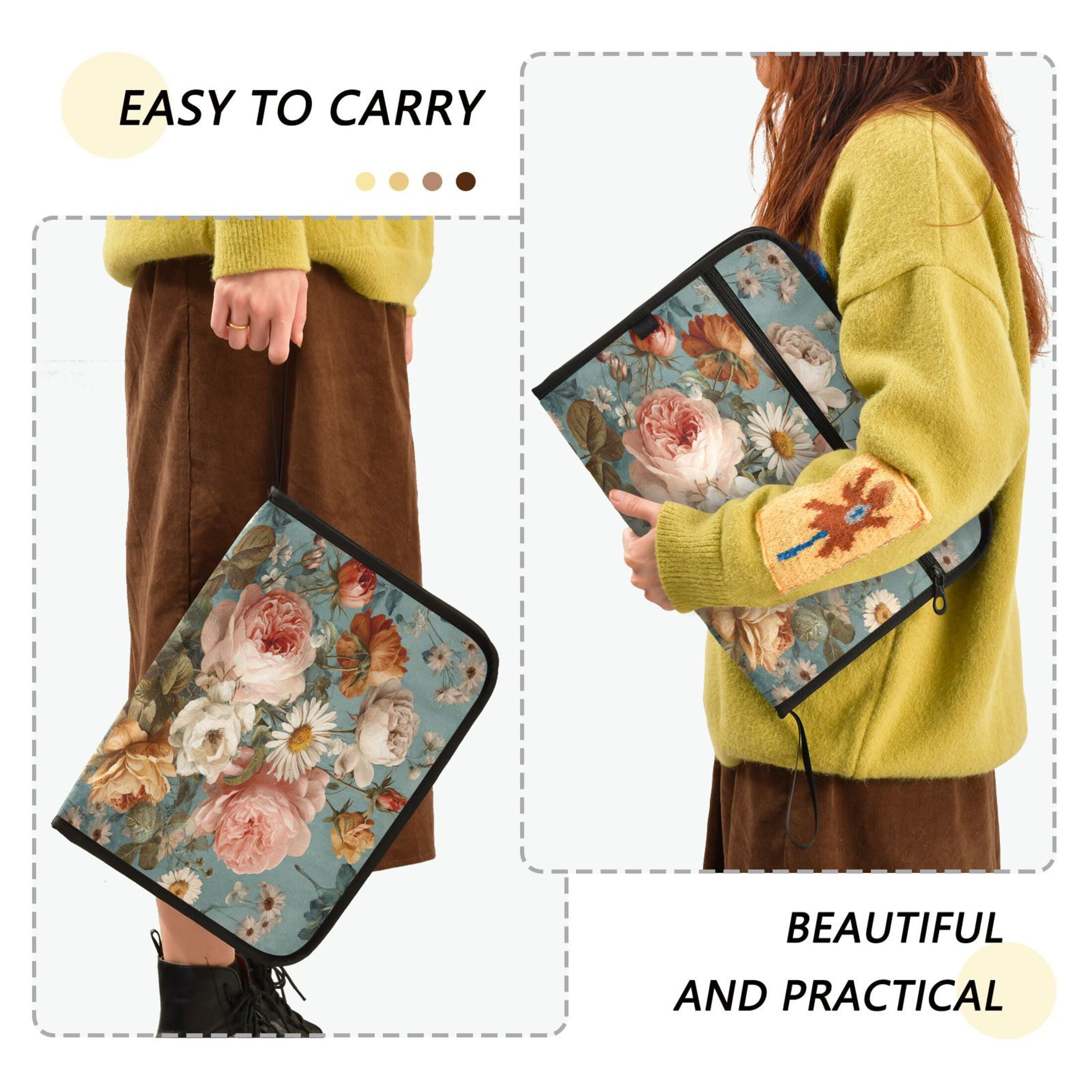 Accordion File Organizer with Zip Closure 13 Pockets Expanding File Folder Letter A4 Paper Document Organizer for Home Office Vintage Roses and Peonies