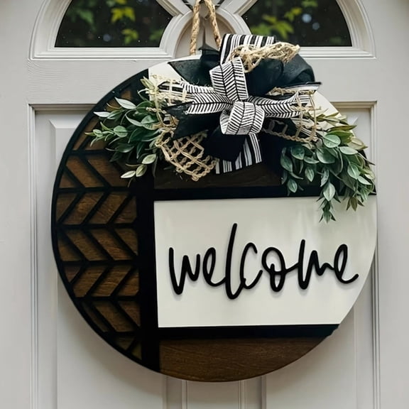 Farmhouse Welcome Sign for Front Door, Round Wooden Hanging Wreath with Greenery, Rustic Porch Decor for Home Outdoor Indoor, Welcome Wreath Sign