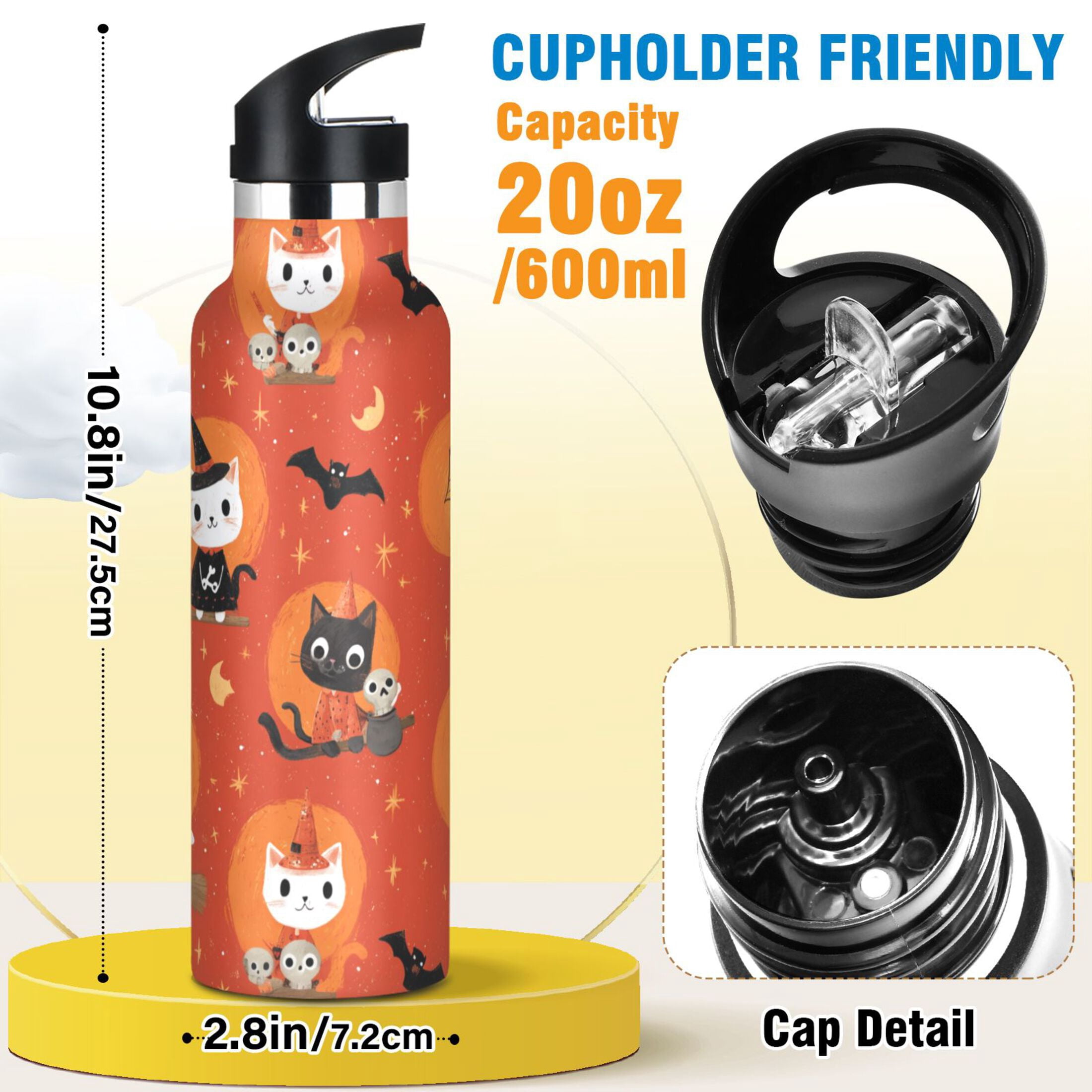 Kids Insulated Stainless Steel Sports Water Bottle 600ml (20oz) Cat Riding A Broom