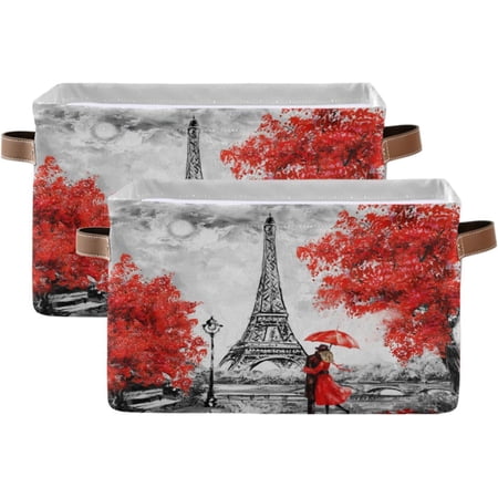 FREEAMG Vintage Paris Eiffel Tower Storage Basket with Handles Collapsible Storage Bins Canvas Fabric Storage Organizer for Shelves Closet Bedroom Living Room 2Pack