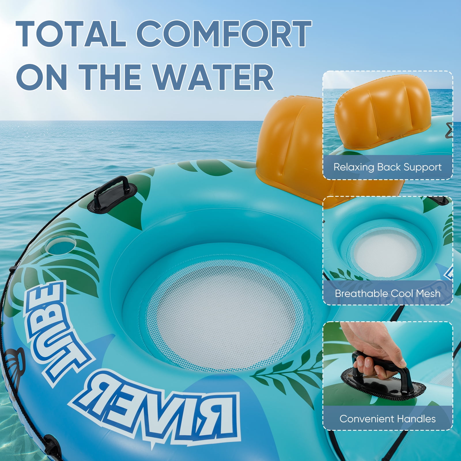 CONCETTA 2 Person Inflatable River Tube Float with Cooler & Enhanced Backrest, Quick Inflate Pool Lake Raft Lounger, Blue & Green