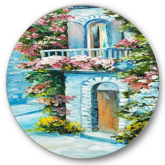 Designart 'House With Colorful Flowers Near The Sea II' Traditional Circle Metal Wall Art 36x36 - Disc of 36