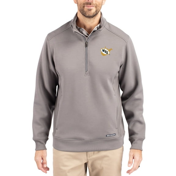 Men's-Cutter & Buck Gray West Virginia Mountaineers Roam Eco Recycled Quarter-Zip Pullover