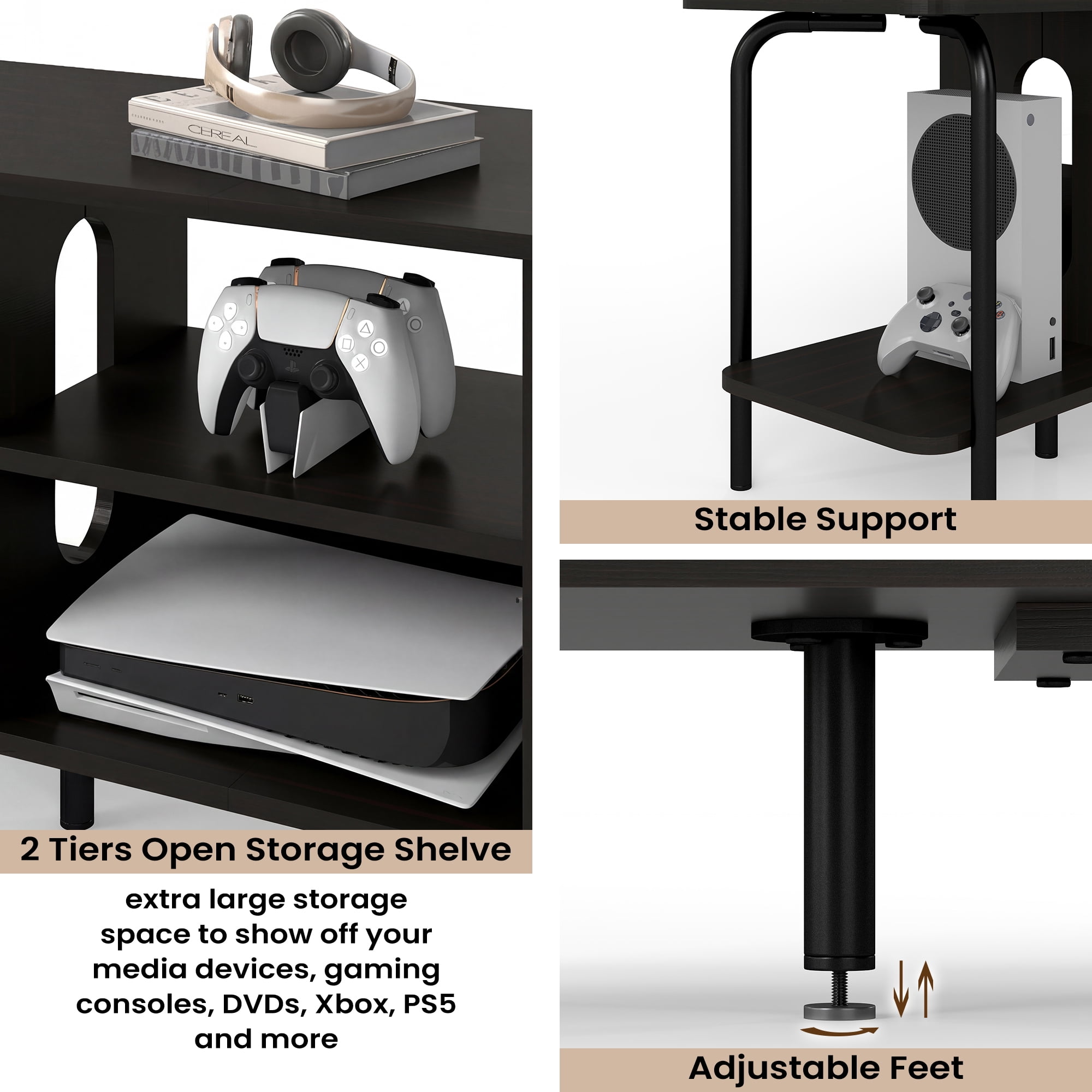 Manxile TV Stand for 55 inch, Modern Entertainment Center 3-Tier TV Console Table with Open Shelf for Living Room,Black