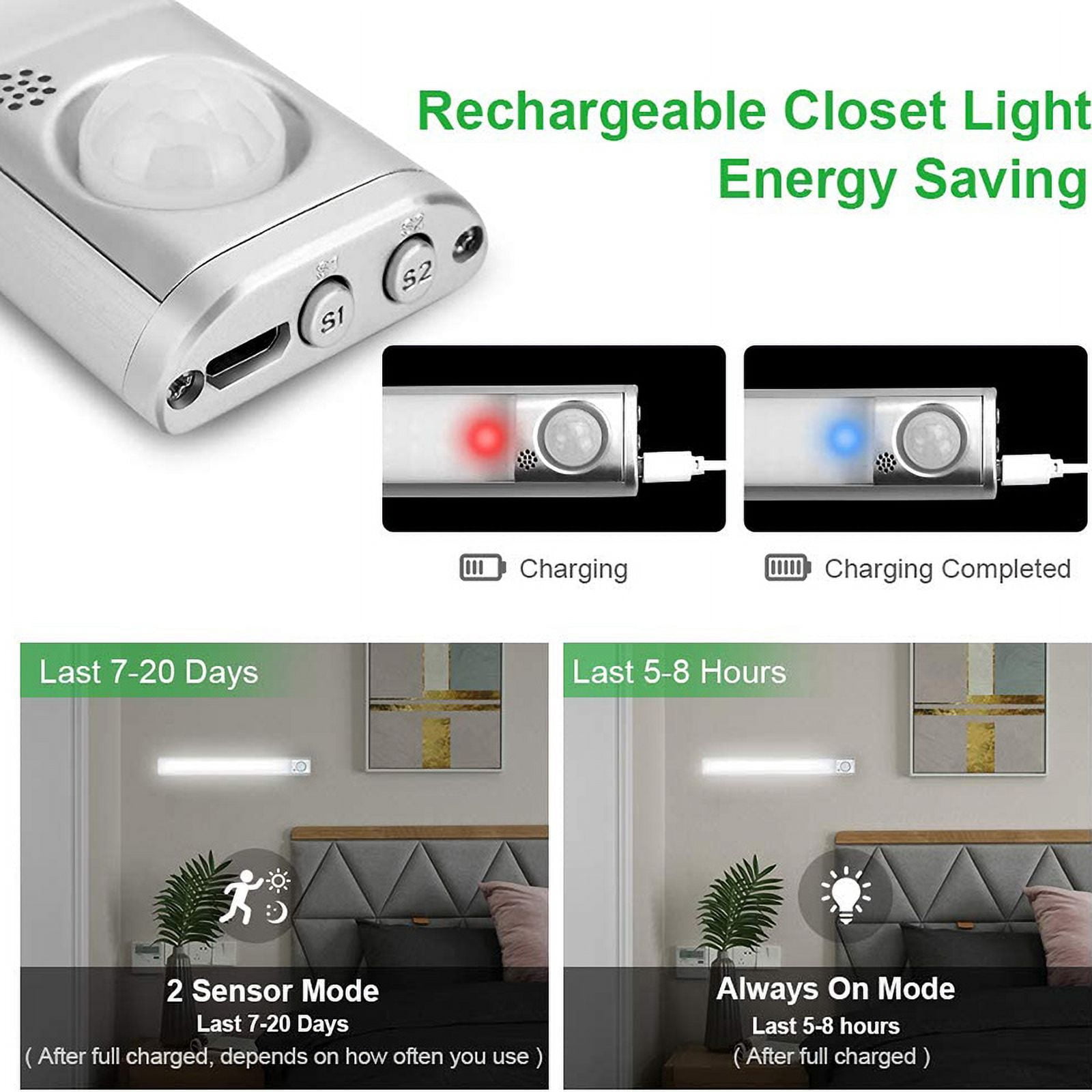 2-Pack LED Closet Lights Motion Sensor Under Cabinet Lights Indoor Wireless Lighting 3600mAh Powered Light Bar Dimmable Rechargeable ( 15inch)