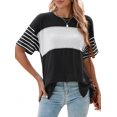 thumbnail image 2 of Womens Summer Oversized 2025 Crewneck Casual Color Block Striped Shirts Blouses Black M, 2 of 9