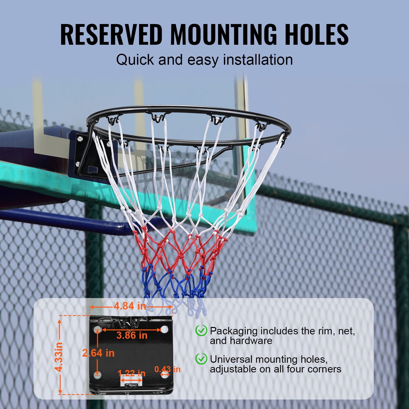 KFFKFF Basketball Ring, Door or Wall Mountable Basketball Basket, Robust Q235 Basketball Flexible Ring Goal Substitute with Net and Twin Spring, 18" Indoor Outdoor Suspended Hoop for Children Adults