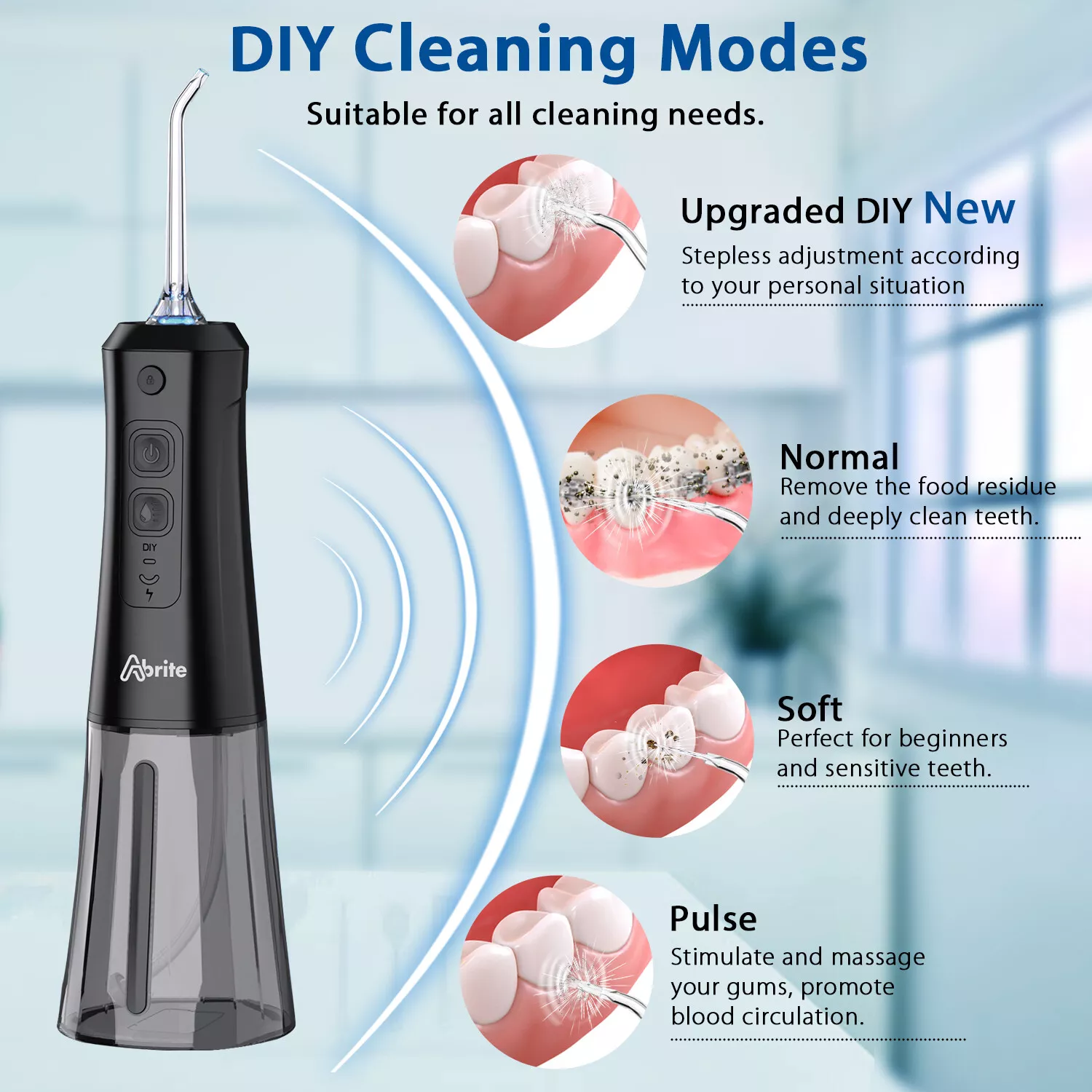 Abrite Cordless Water Flosser for Teeth Braces, Hygiene, DIY Speed 250ml Portable Oral Irrigator Dental Cleaner 7 Water Jet Tips, Black