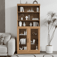 thumbnail image 2 of MAYEERTY Curio Display Cabinet with Glass Doors, DIY Combination Storage Cabinets with Adjustable Shelves for Living Room, Natural Wood, 2 of 8