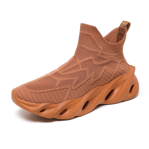 Men's Slip‑On High‑Top Sock Style Casual Sneakers, Stretch Knit Fabric Upper Round‑Toe Hollow Wave‑Shaped Outsole Comfort Footwear For Daily Walking And Casual Outings