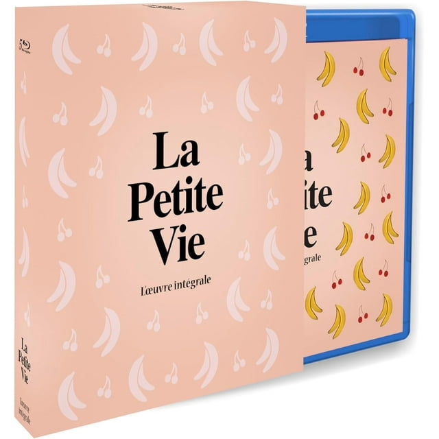 La Petite Vie L'integrale Blu-ray box set by Imavision. The packaging features a pastel pink design with illustrations of bananas, cherries, and musical notes. The Blu-ray case is partially visible, showcasing a similar design with a blue edge.