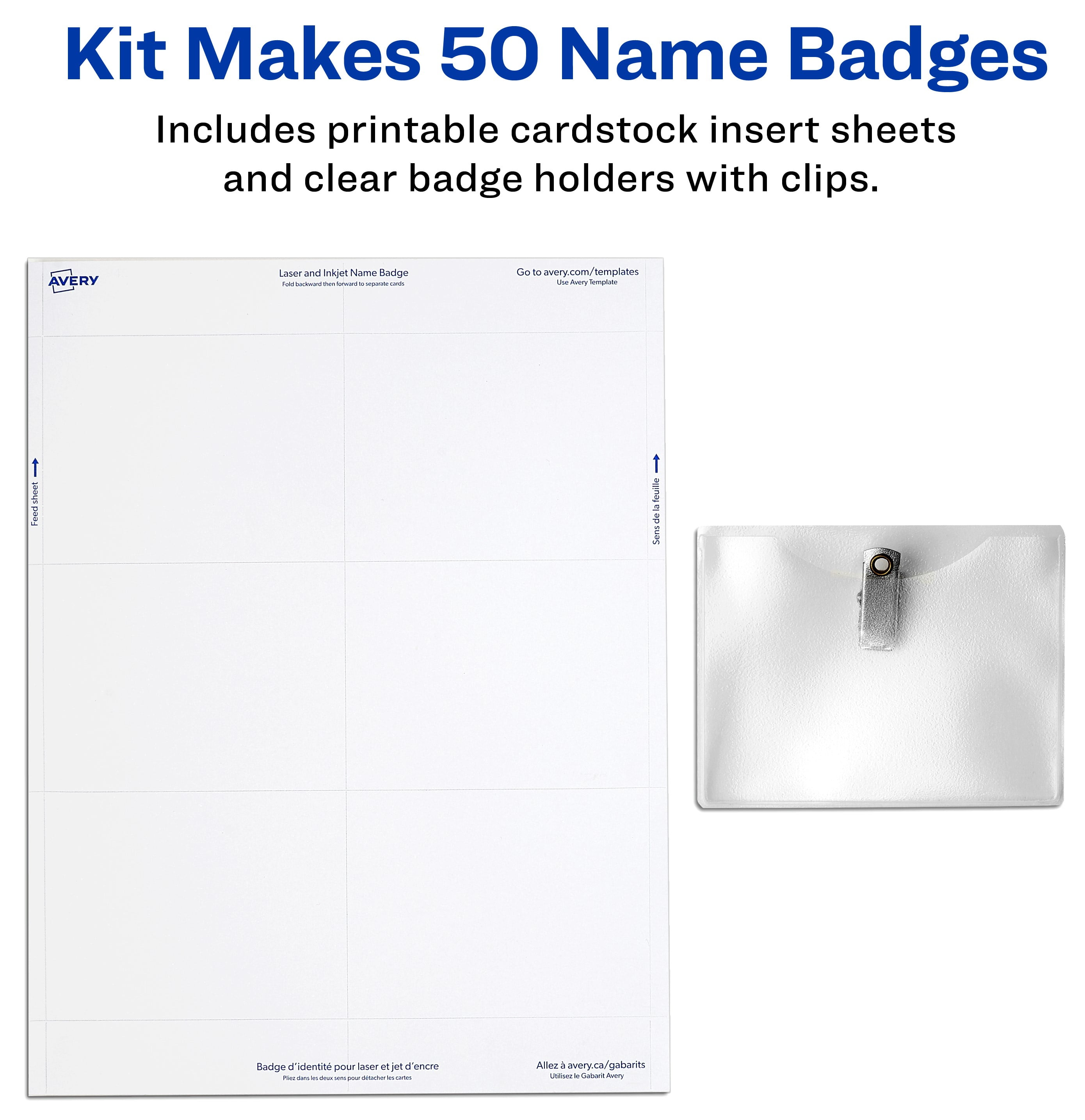 Avery Name Badge Labels, 3" x 4", Paper, White, Clip Style, Holders, Laser/Inkjet, 50 Badges (74536)