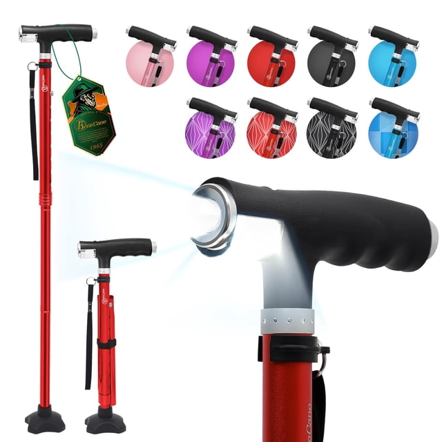 Bastón BeneCane para mujer, plegable, con dos luces LED, base estable, ligero y ajustable.