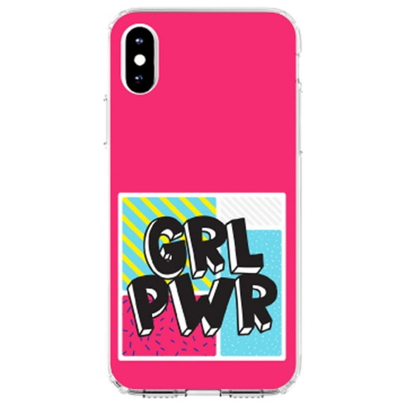 DistinctInk Clear Shockproof Hybrid Case for iPhone X / XS (5.8" Screen) - TPU Bumper, Acrylic Back, Tempered Glass Screen Protector - Girl Power - GRL PWR - Pink Background