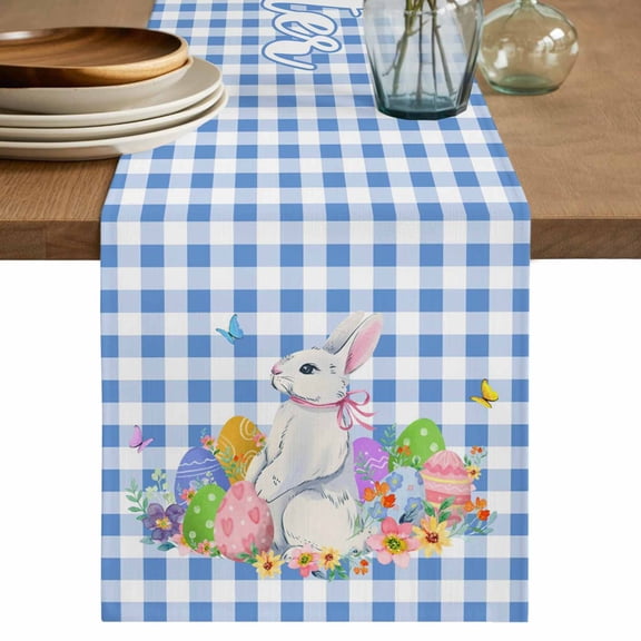Table Runner 72 Inches Long for Kitchen Dining, Easter Dresser Scarf Farmhouse, Dining Table Decorations for Wedding/Parties, Spring Watercolor Bunny Eggs Butterflies Blue Plaid 16 x 72 In