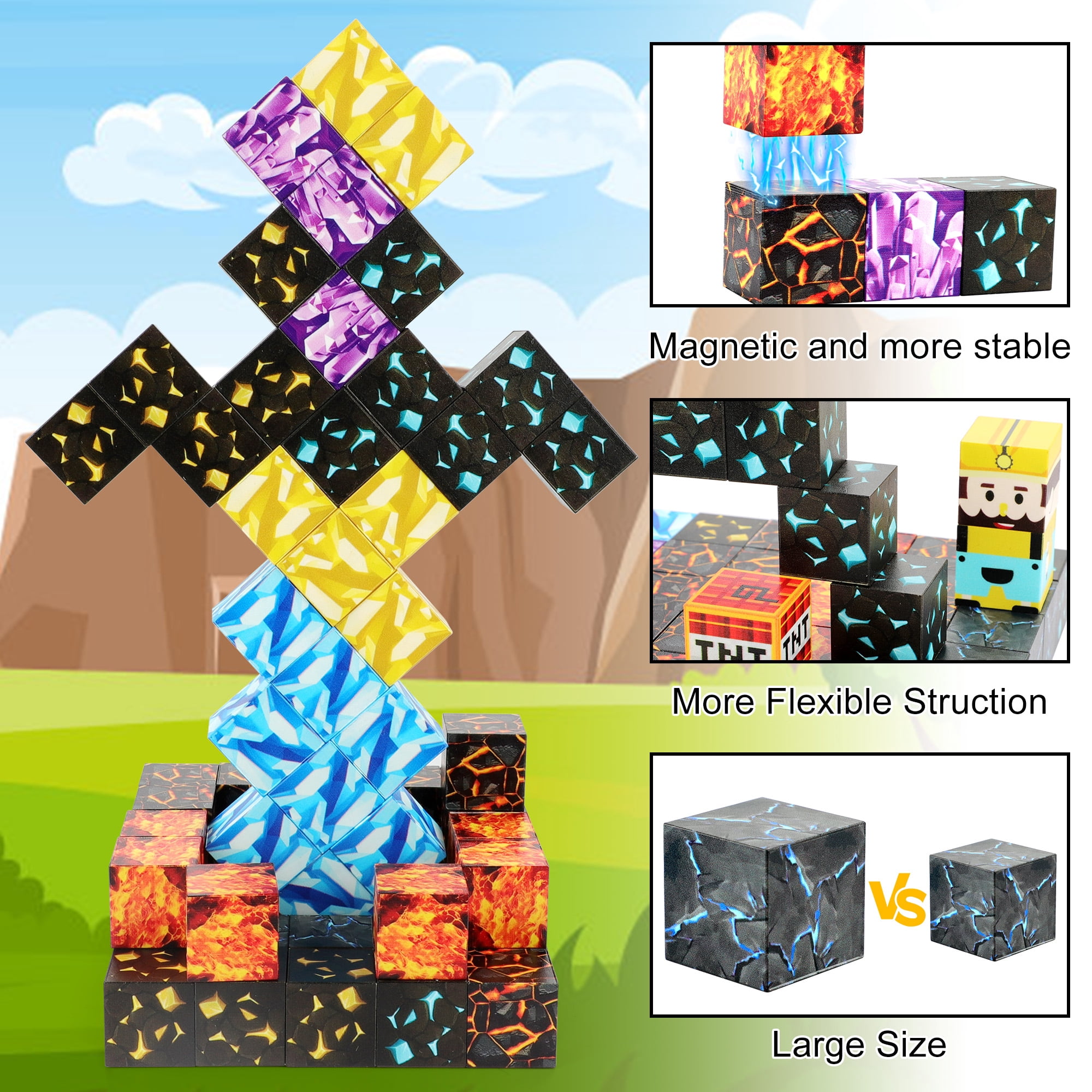 Magnetic Blocks-Build Mine Magnet World Sword Edition Mine Sword Caverns Magnet Classroom Must Haves Toddler Toys for Boys & Girls Age 3-4 4-5 6-8, Sensory Montessori Toys for Kids for 3+