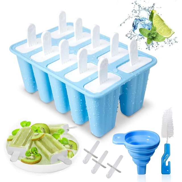 Molde de hielo 10 cavidades con base de hielo, pinza y entonnoir flexible, molde de hielo de silicona (azul)