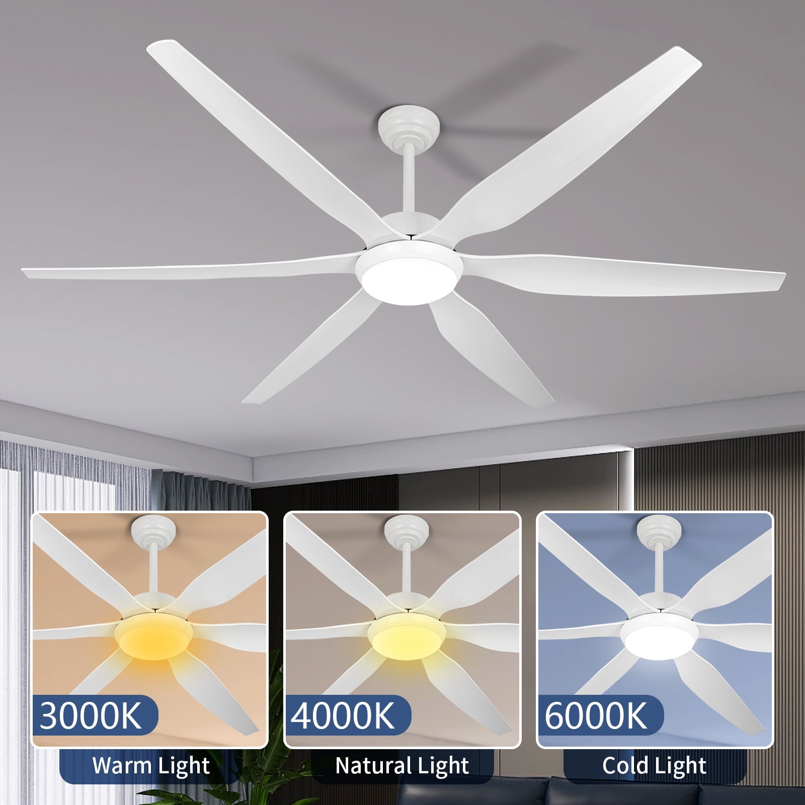 Wozzio 65 inch Ceiling Fan with Light and Remote, 3CCT Dimmable LED Light, 6 White ABS Blades, Indoor & Outdoor