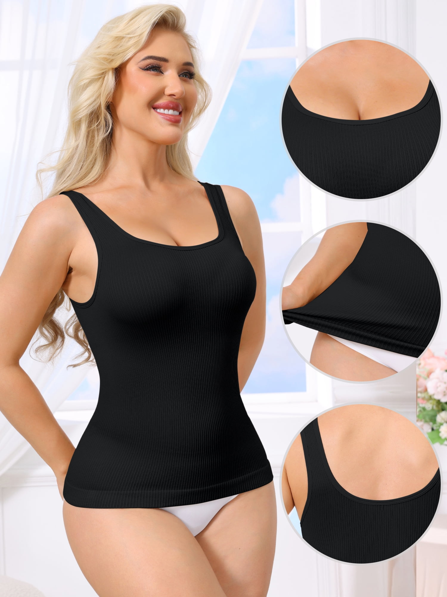 DARING DIVA Women's Ribbed Tank Tops Square Neck Compression Camisole S Black