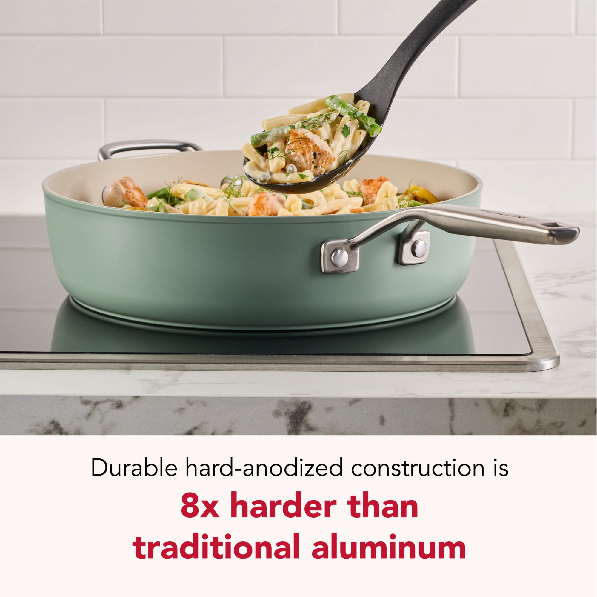 KitchenAid Hard-Anodized Ceramic Induction Saute Pan with Lid and Helper Handle, 5-Quart, Cardamom