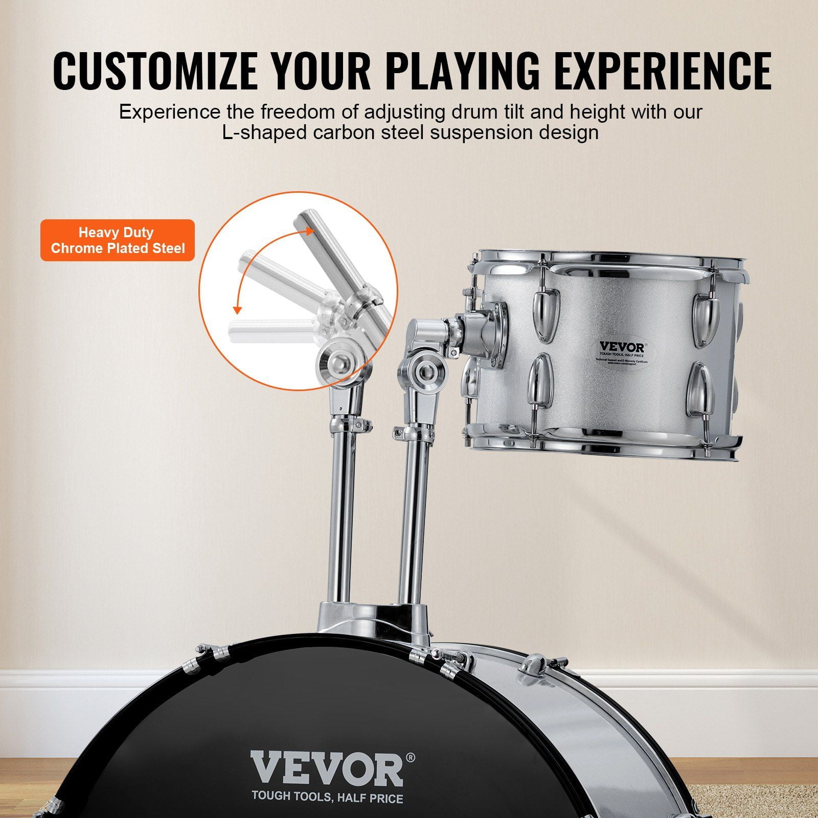 Adult Drum Set, 5-Piece, 22 inches Complete Full Size Drum Kit with Bass Toms Snare Floor Drum Adjustable Throne Stands Cymbal Hi-Hat Pedal and Drumsticks, Beginner Drum Kit for Adults, Silver
