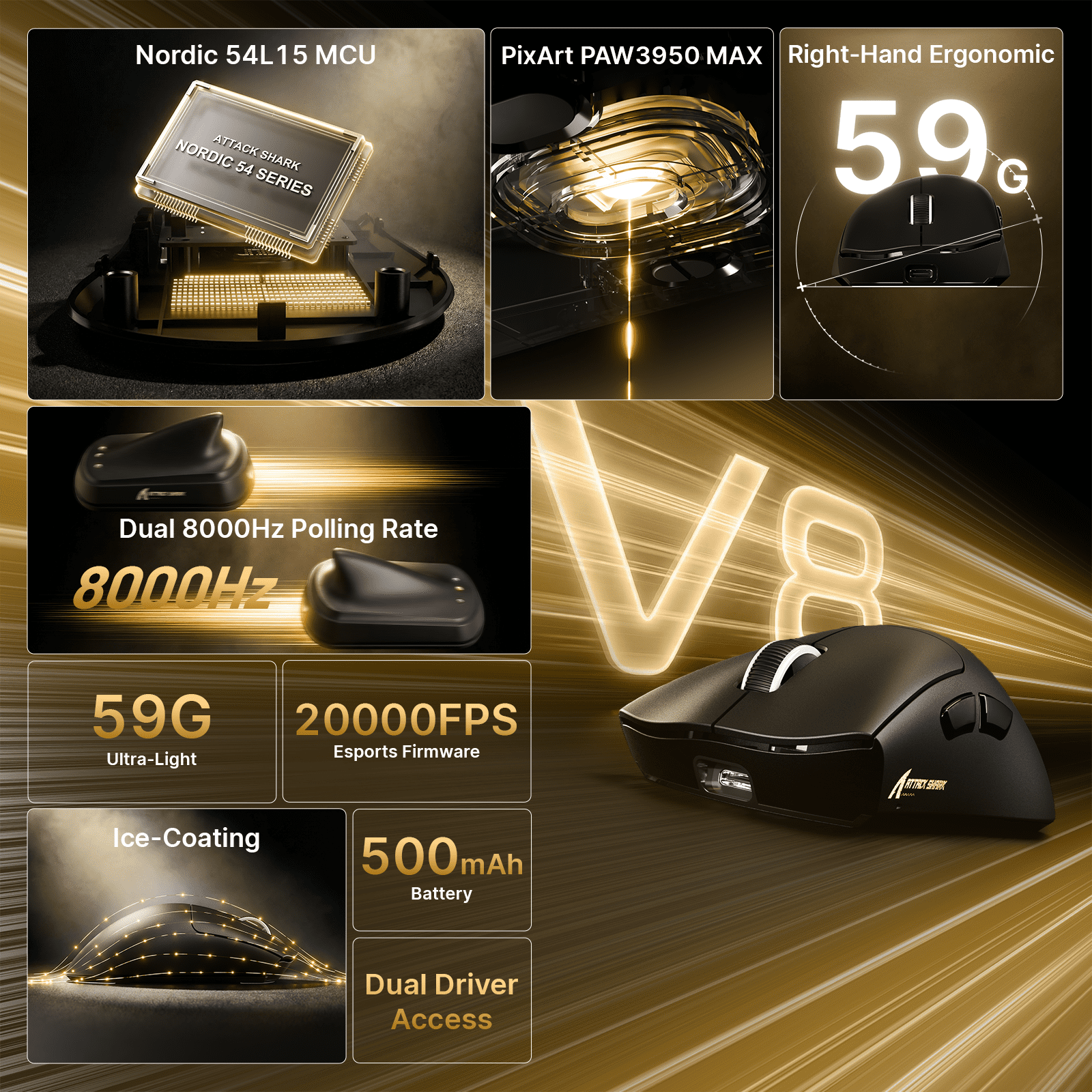 ATTACK SHARK V8 Wireless Gaming Mouse, Tri-Mode 2.4G/USB-C Wired/Bluetooth, PAW3950MAX Sensor, 42000 DPI, Dual 8000Hz Polling Rate, 59g Lightweight Design, PC/Mac Compatible, Black