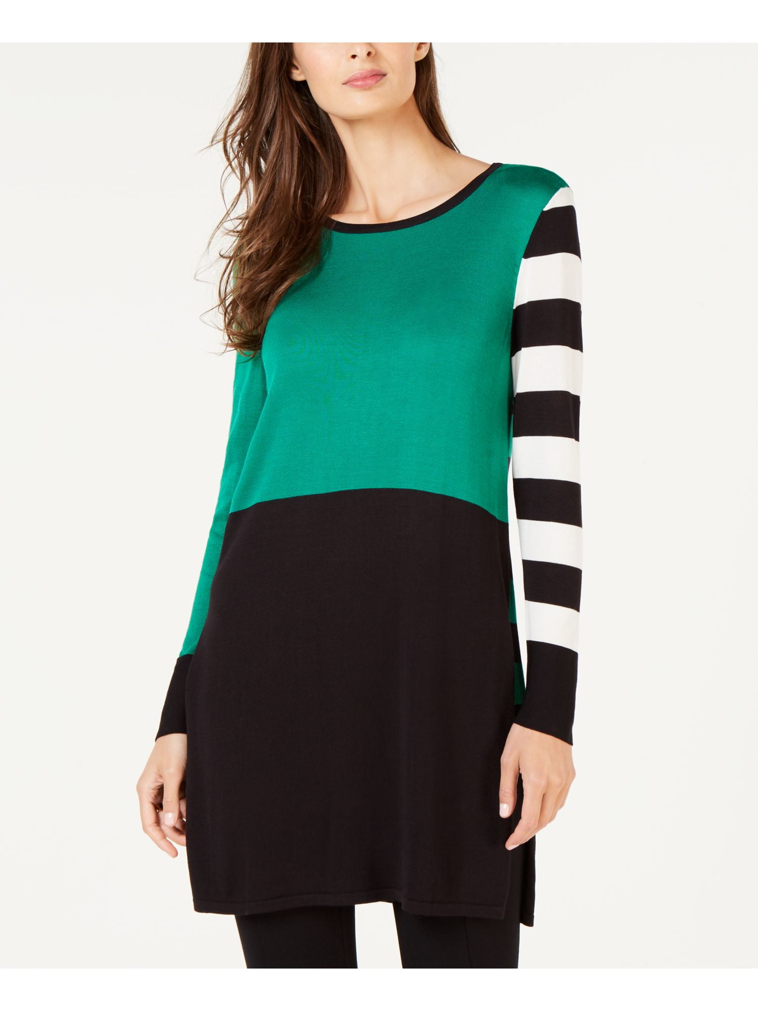 Alfani ALFANI Womens Black Color Block Striped Long Sleeve Crew Neck