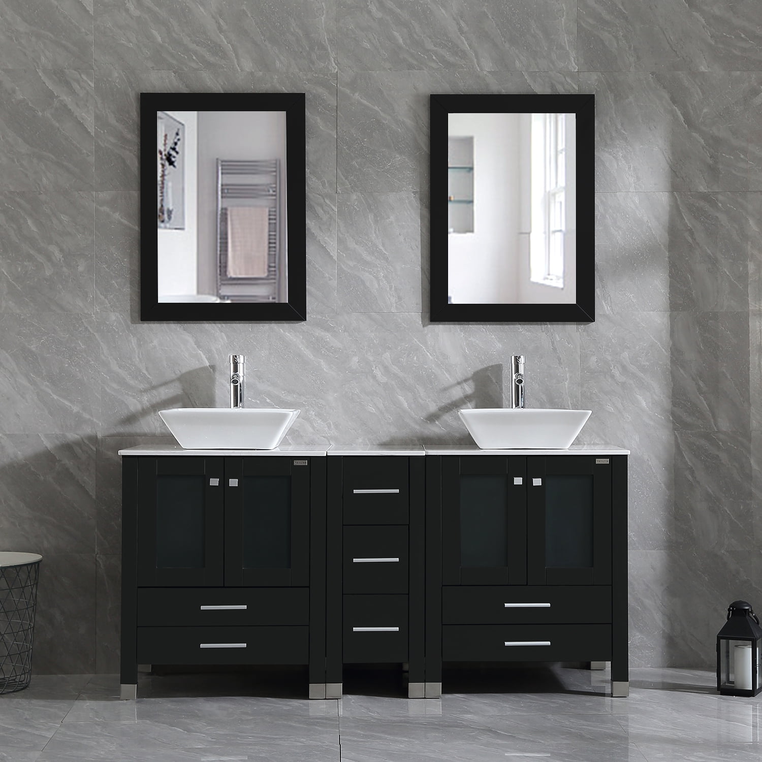 Wonline 60 inch Bathroom Vanity Wood Cabinet Double Vessel Sink Above