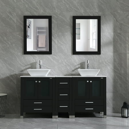 Wonline 60" Homes & Bathroom 60inch Modern Wood Cabinet with Marble Pattern Countertop Vanity Double Sinks and Mirror, Black