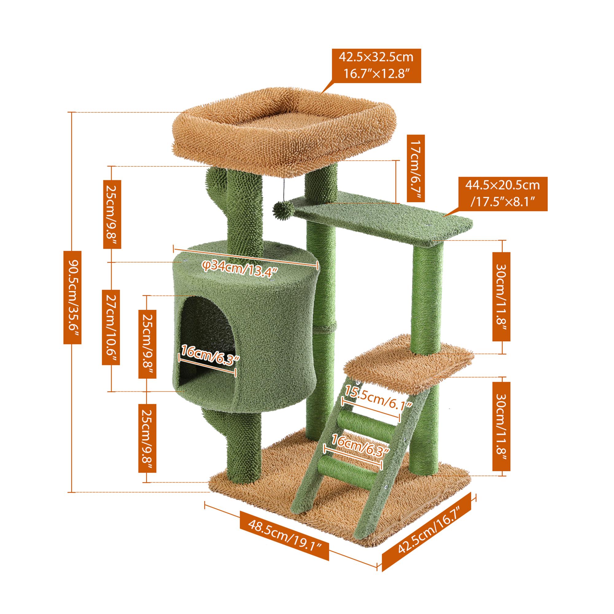 Kadyn 35" Cactus Cat Tree Tower for Indoor Cats, Cat Climbing Stand with Climbing Ladder for Multi-Level Cat Condo, Green