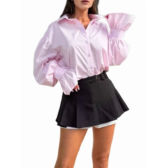 Button Down Shirt for Women Long Sleeve Blouses Tops Business Casual Work Outfits Pink L
