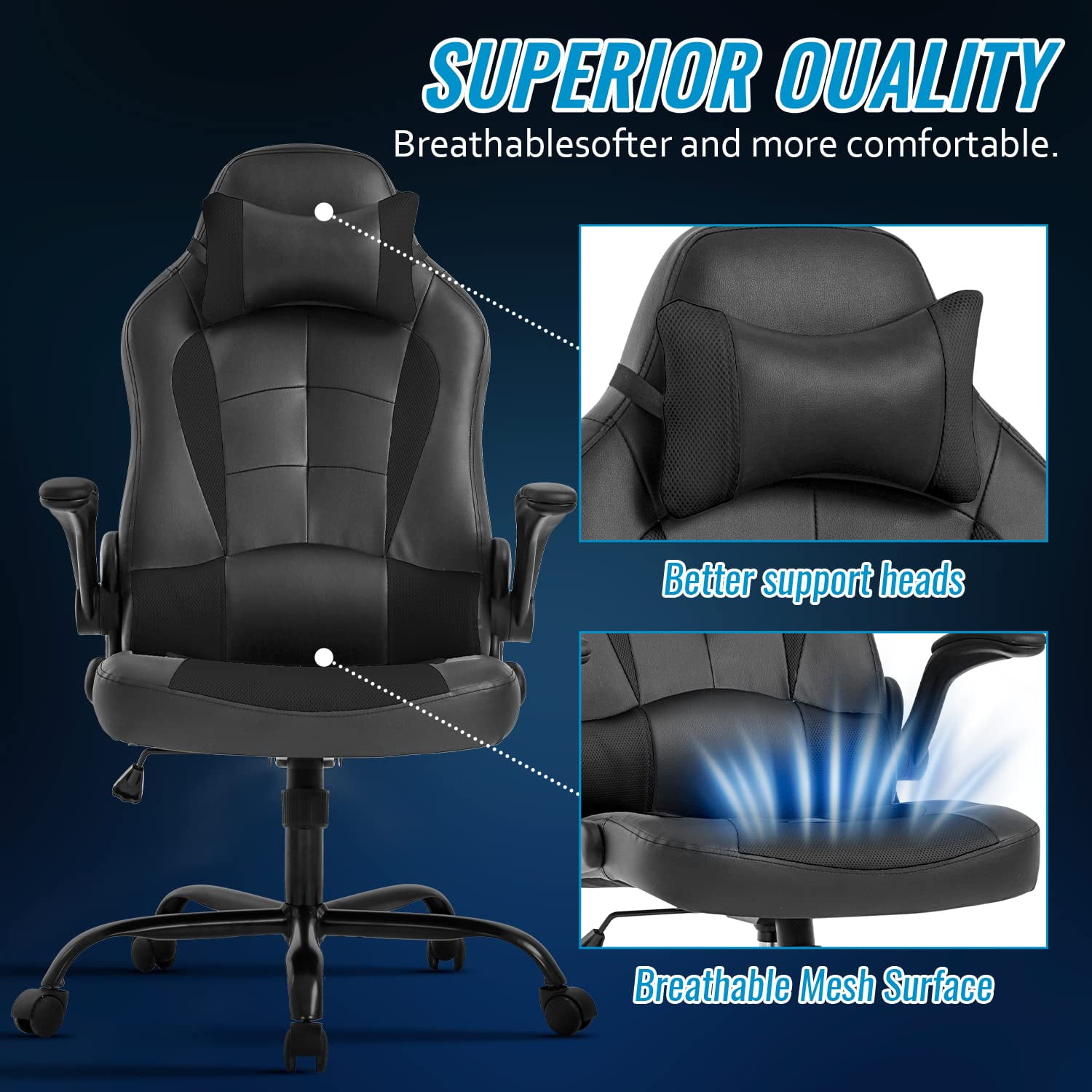 BestOffice Adult Solid Print PU Leather and Mesh PC Gaming Chair with Lumbar Support and Swivel, Black