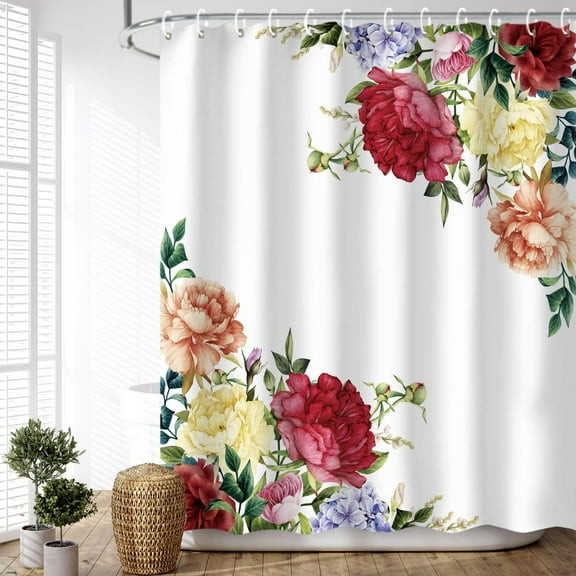 Peony Shower Curtains Set with 12 Hooks, Floral Shower Curtain, Pink Shower Curtain, Beautiful Shower Curtain Decoration Bathroom Accessories, 72" W x 84" H