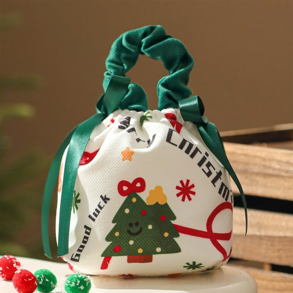 Bolsa de regalo navideña | Bolsita de terciopelo con forma de manzana y cordón | Bolsa de dulces y golosinas para fiestas | Estampado festivo de Papá Noel y reno