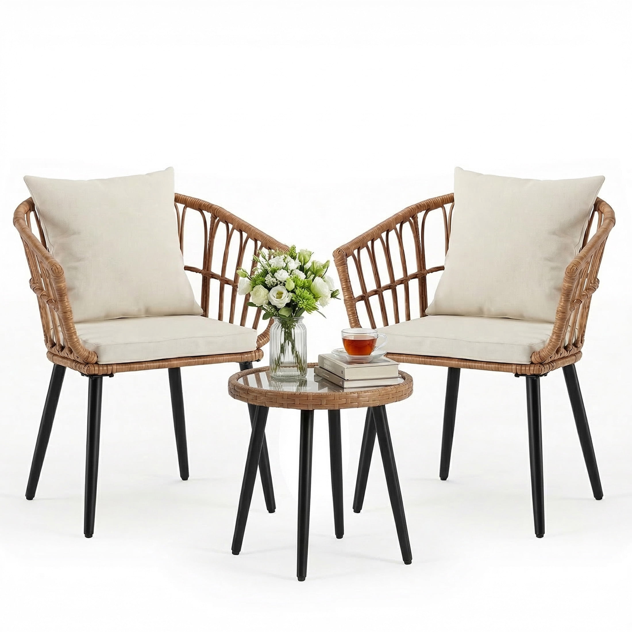 EDX 3 Piece Outdoor Patio Wicker Furniture Set, Rattan Chairs with Tempered Glass Coffee Table, Sturdy Steel Frame, Washable Cushions, for Balcony Backyard Poolside Lawn,Beige