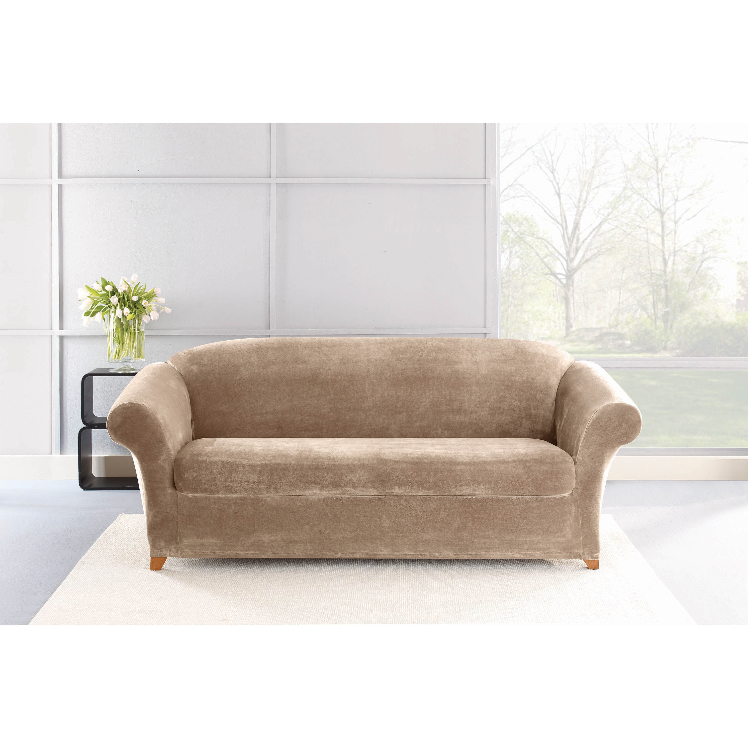 Sure Fit Stretch Plush slipcover sable tan 2 piece box cushion Chair Slipcover 