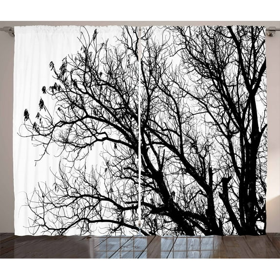 Ambesonne Nature Curtains 2 Panel Set, Autumn Fall Tree Branch, 108" x 90", Black and White