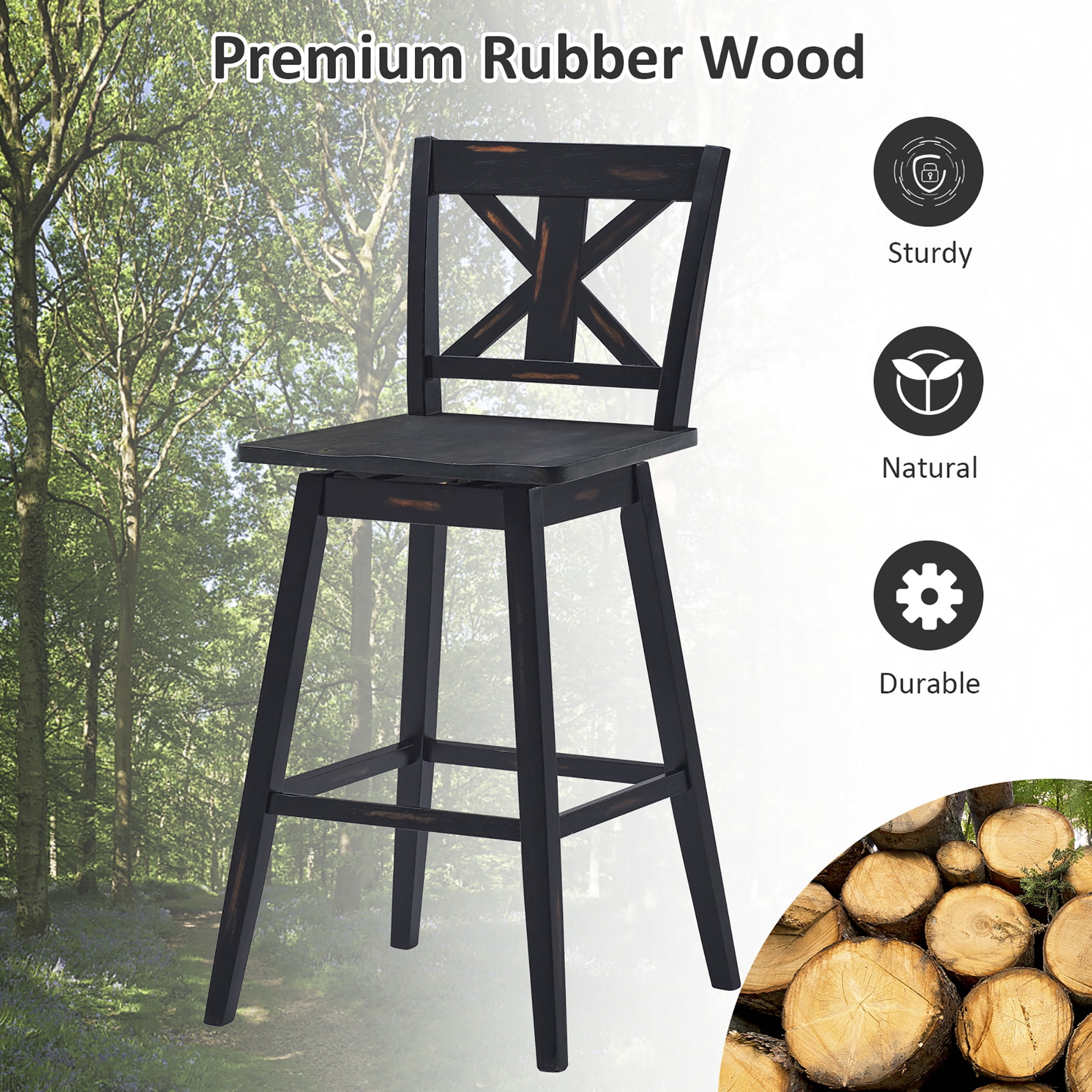 Costway Set of 2 Bar Stools Swivel Pub Height Chairs w/ Rubber Wood Legs Black