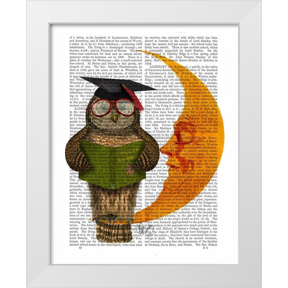 Fab Funky 26x32 White Modern Wood Framed Museum Art Print Titled - Owl On The Moon